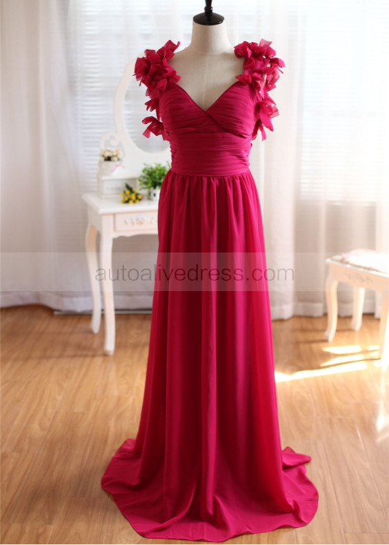Red Chiffon Flower Decorated Straps Long Prom Dress